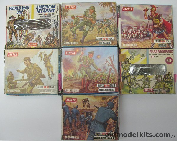 Airfix HO Seven Packages of Early Airfix HO Figures - British Infantry / WWI German Infantry / Commandos / Paratroopers / Romans / US Marines / WWI American Infantry plastic model kit